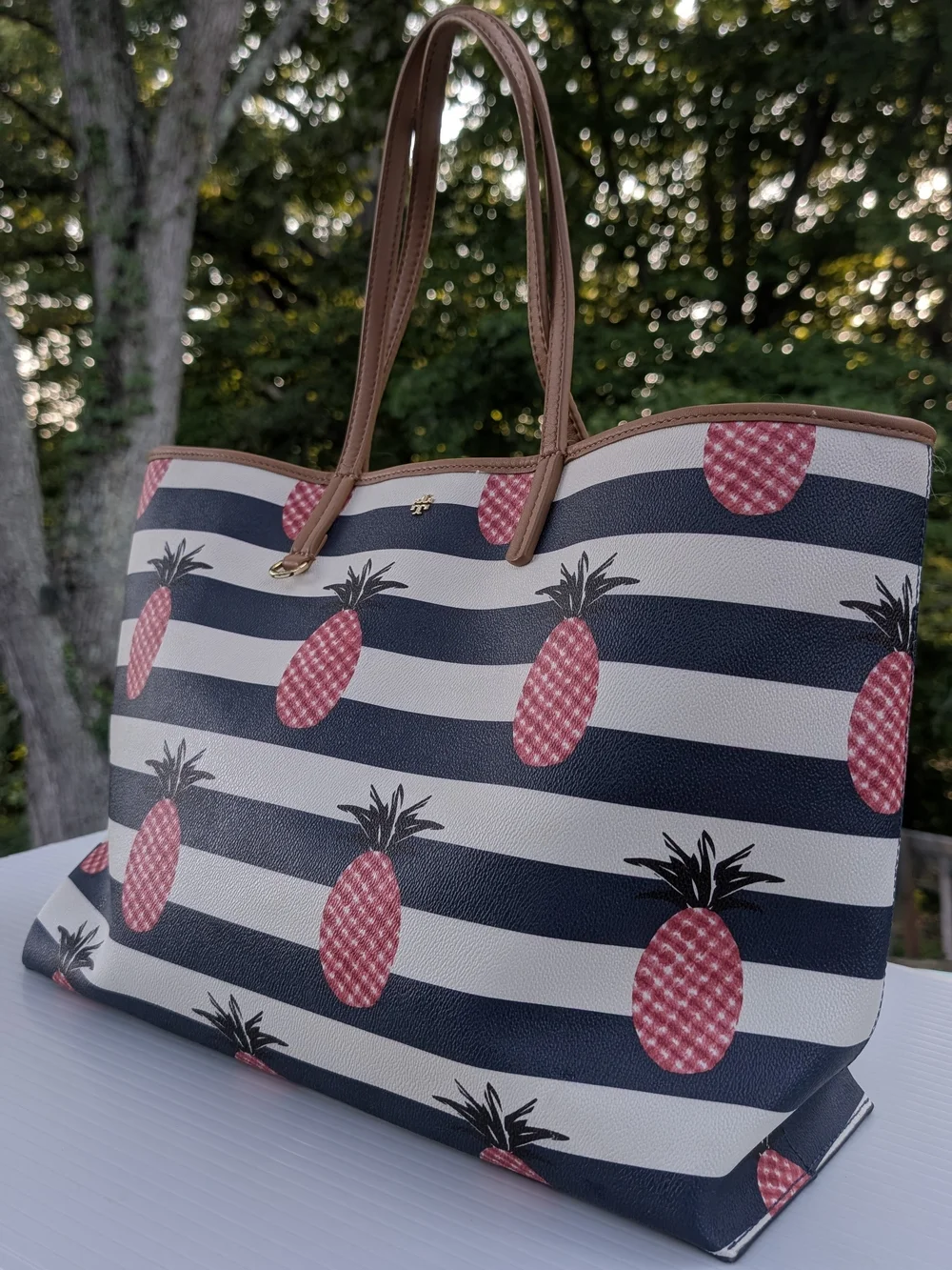 Tory Burch Kerrington Navy Stripe Pineapple Tote Bag - Pink Pineapple Print